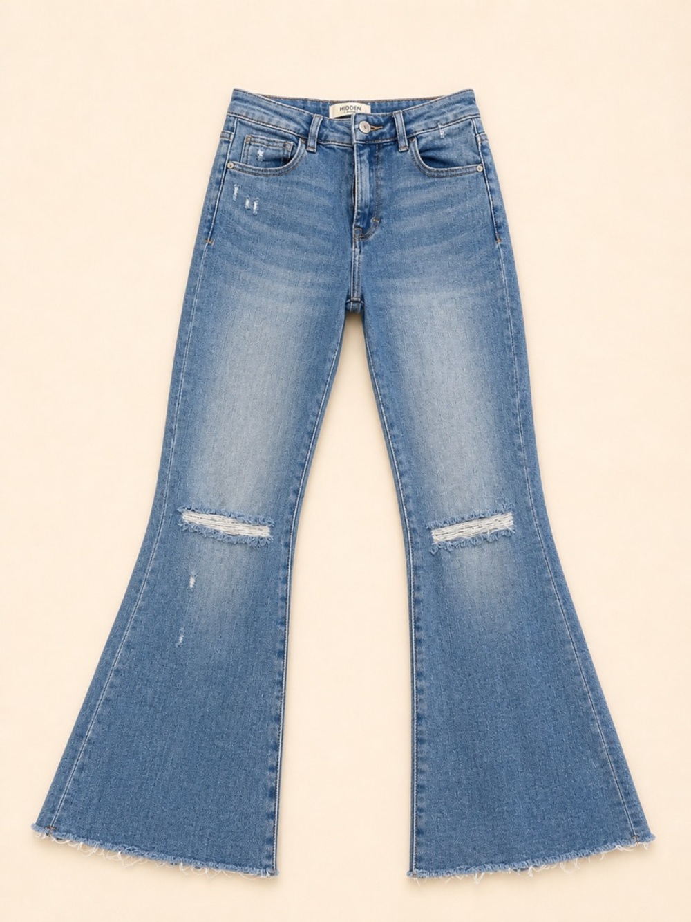 High-Rise Light Blue Flare Jeans with Knee Distress